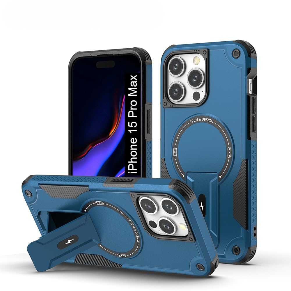 Back Cover for iPhone 15 Pro Max with Portable Kickstand | Mag-Safe Compatible Magnetic Case | Shockproof Military Grade Protection | Rugged Armor Design Phone Cover – Blue