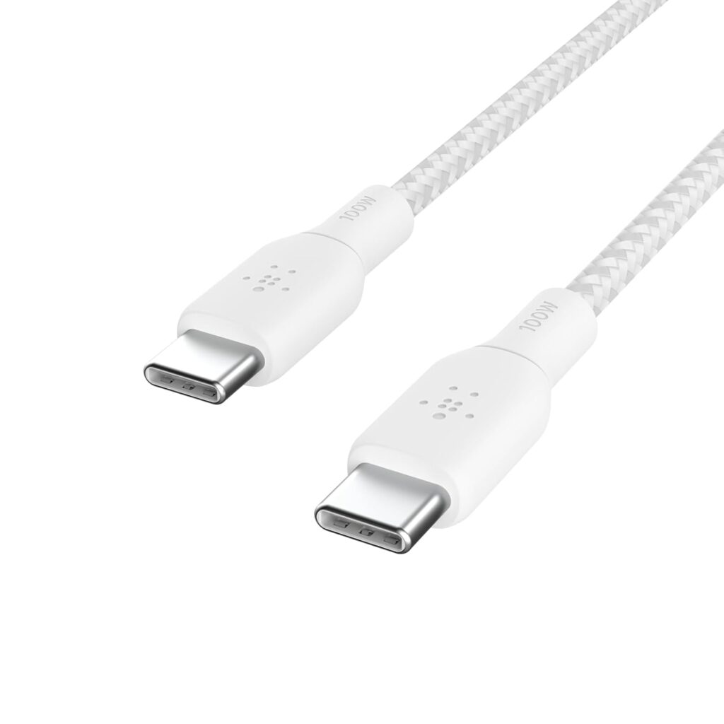 Belkin USB-C to USB-C Braided 9.9 feet (3 meters) 100W PD, Fast Charge and Sync Type C Cable for iPhone 15 Series, Macbook, USB-C Laptops, other USB-C Devices, USB-IF certified – White