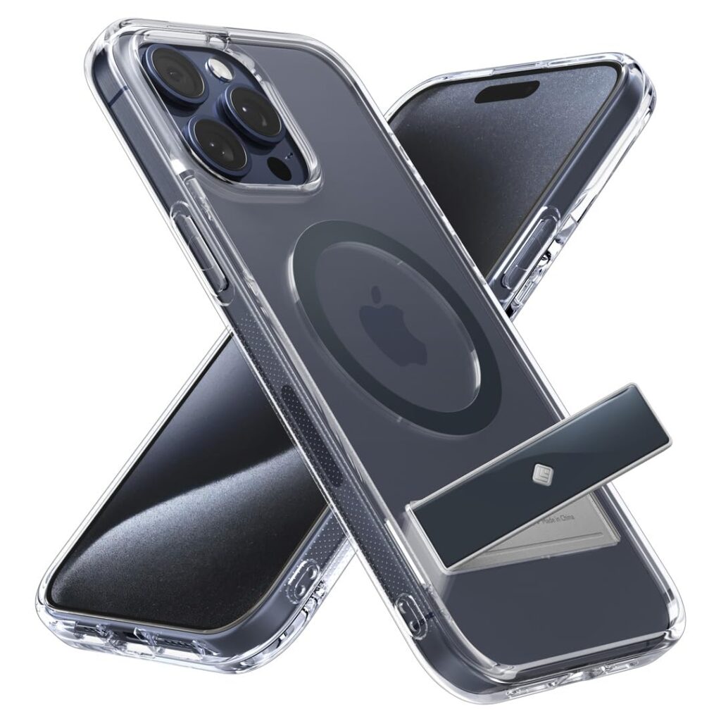CASEOLOGY by Spigen Capella Mag Kickstand Back Cover Case Compatible with iPhone 15 Pro Case (TPU and Polycarbonate | Clear Titan Blue)