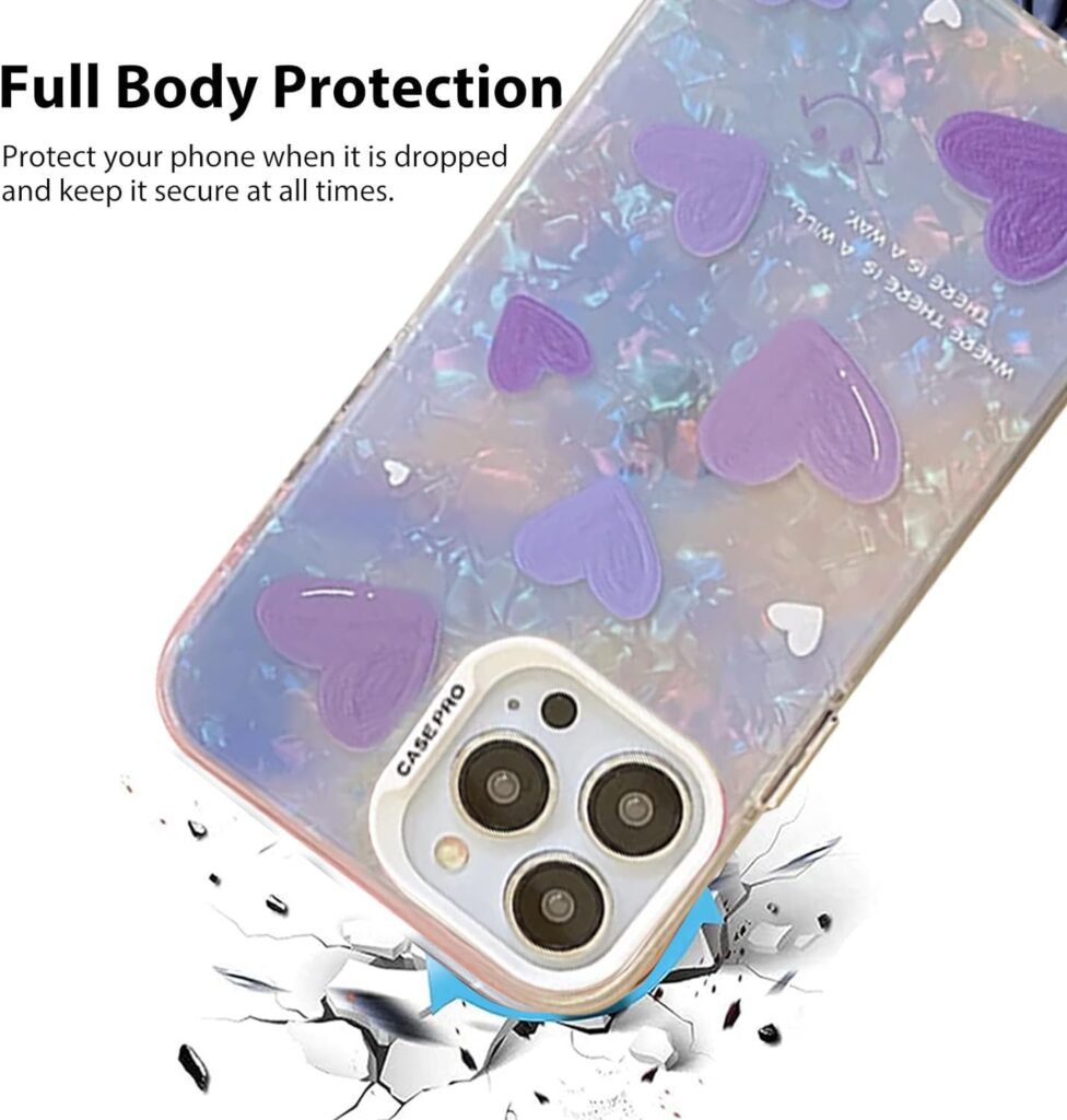 CINCH Designed for iPhone 14 Pro Cover Cool Shining Shell Love Heart Pattern Design with TPU Edges Phone Back Cover Case for Girls Women (Bling Heart Purple)