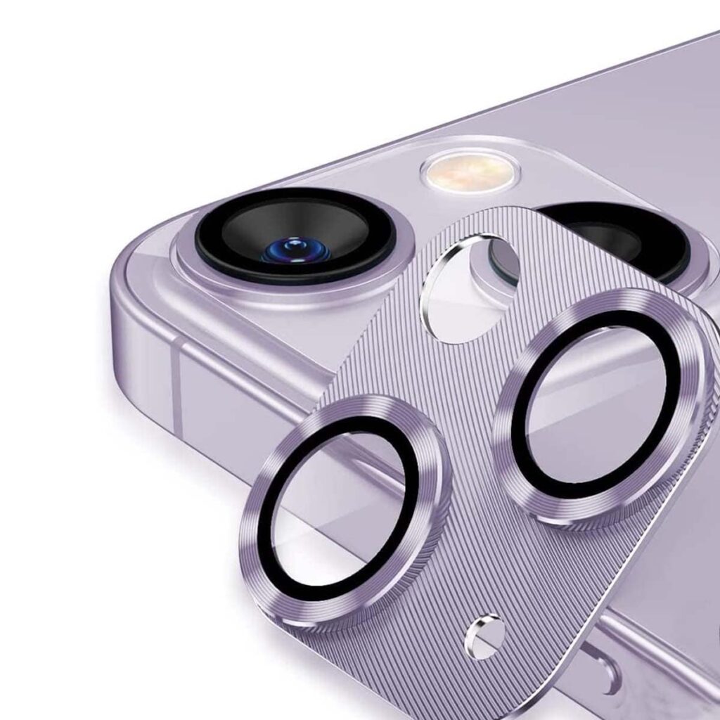 Camera Lens Protector Compatible With iPhone 14 and iPhone 14 Plus � Full Coverage 9H Tempered Glass with Metal Plate, HD Clear, Joint Camera Ring Protector - Purple