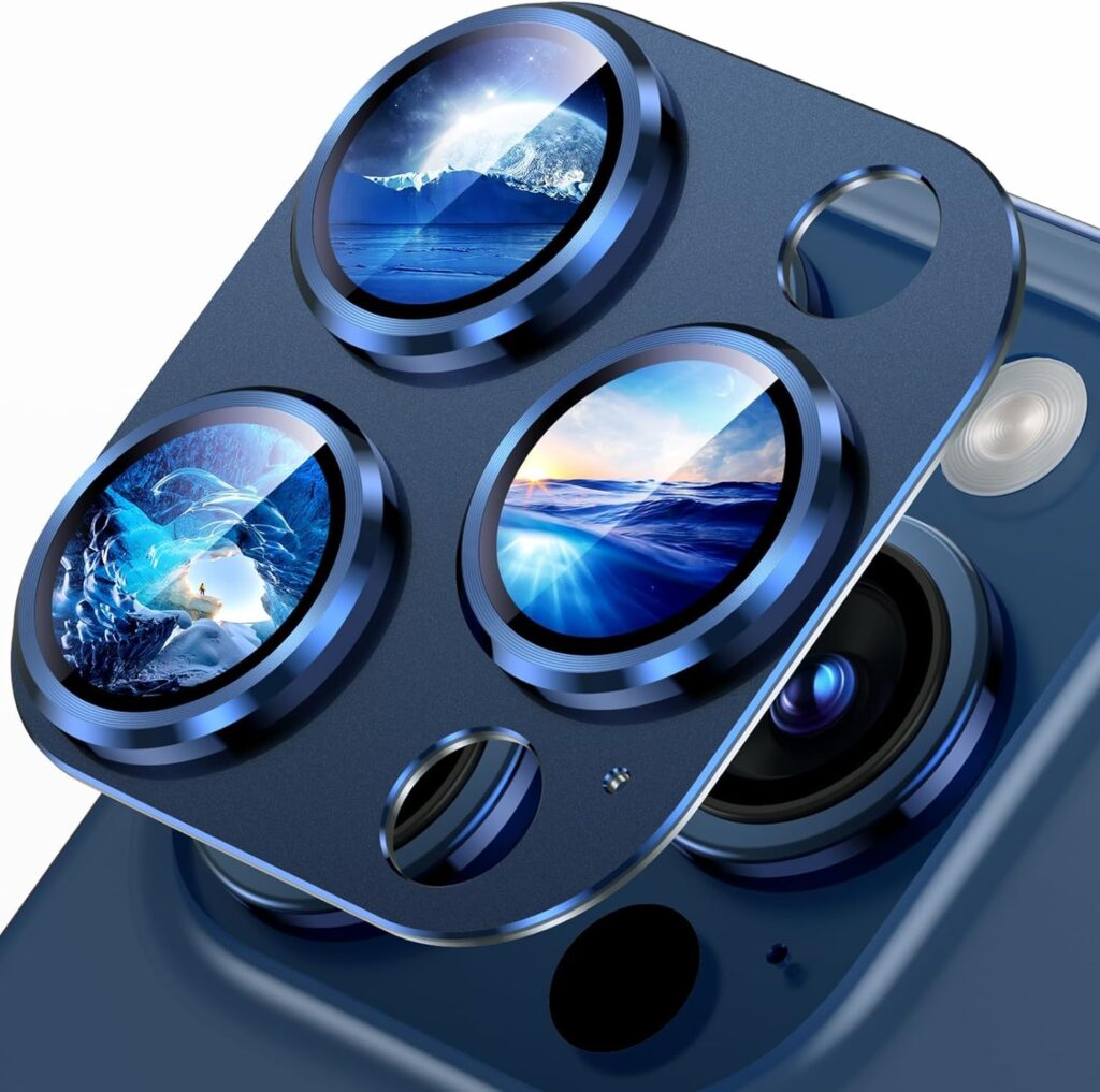 Camera Lens Protector Compatible With iPhone 15 Pro and iPhone 15 Pro Max � Full Coverage 9H Tempered Glass with Metal Plate, HD Clear, Joint Camera Ring Protector - Titanium Blue