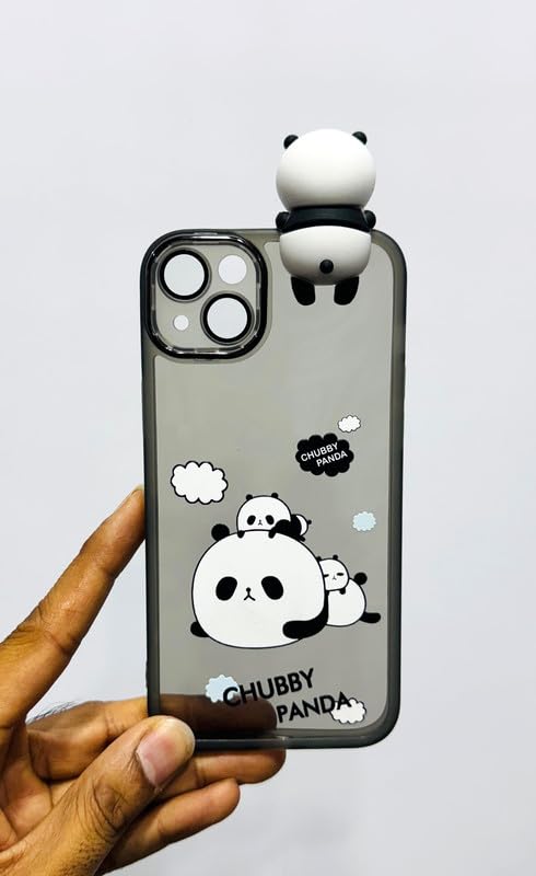 Charvi Cute Panda Phone Case for iPhone 14 Plus, 3D Cartoon Design with Chubby Panda Topper, Translucent Grey | Protective Cover with Camera Lens