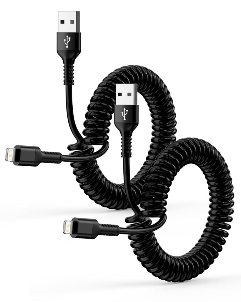 Coiled Lightning Cable, 1.8M[MFi Certified] 2Pc iPhone USB Charger Cord Coiled USB to Lightning Cable Apple Carplay Retractable Fast Charging for iPhone/14/13/12/11/XR/8/X/Plus, Mini, Pro Max, iPad