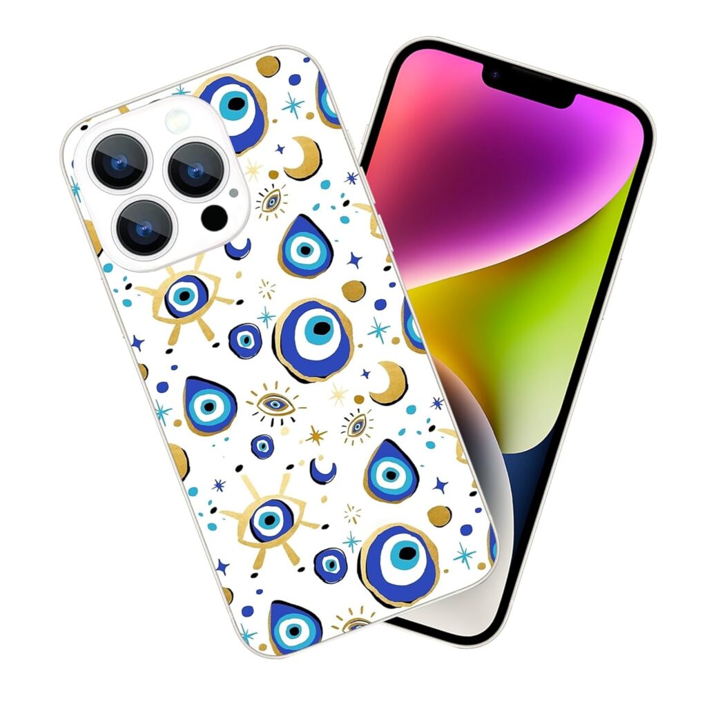 Compatible with iPhone 15 Pro Max Case - Fantasy Blue Gold Evil Eye Phone Case Slim Soft TPU Shockproof Protective Cover Case