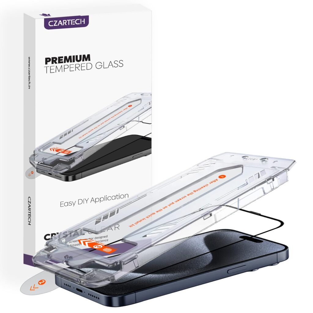 Czartech [Auto Align Quick Fix Tempered Glass For iPhone 15 Pro Screen Guard Protector Edge-To-Edge Protector Full Coverage With Easy Application Kit (1- Pack)