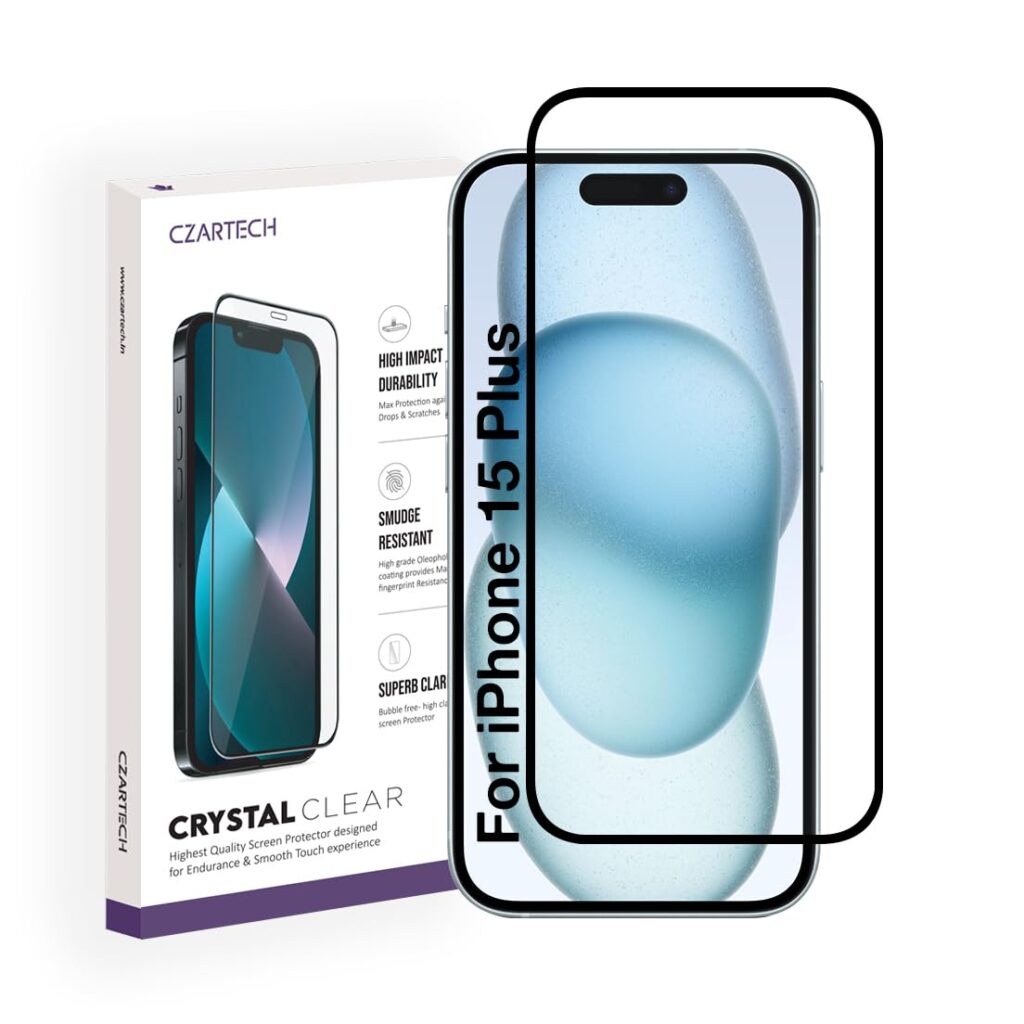 Czartech Tempered Glass for iPhone 15 Plus Screen Guard Protector Edge to Edge with Easy Cleaning Kit (Pack of 1)