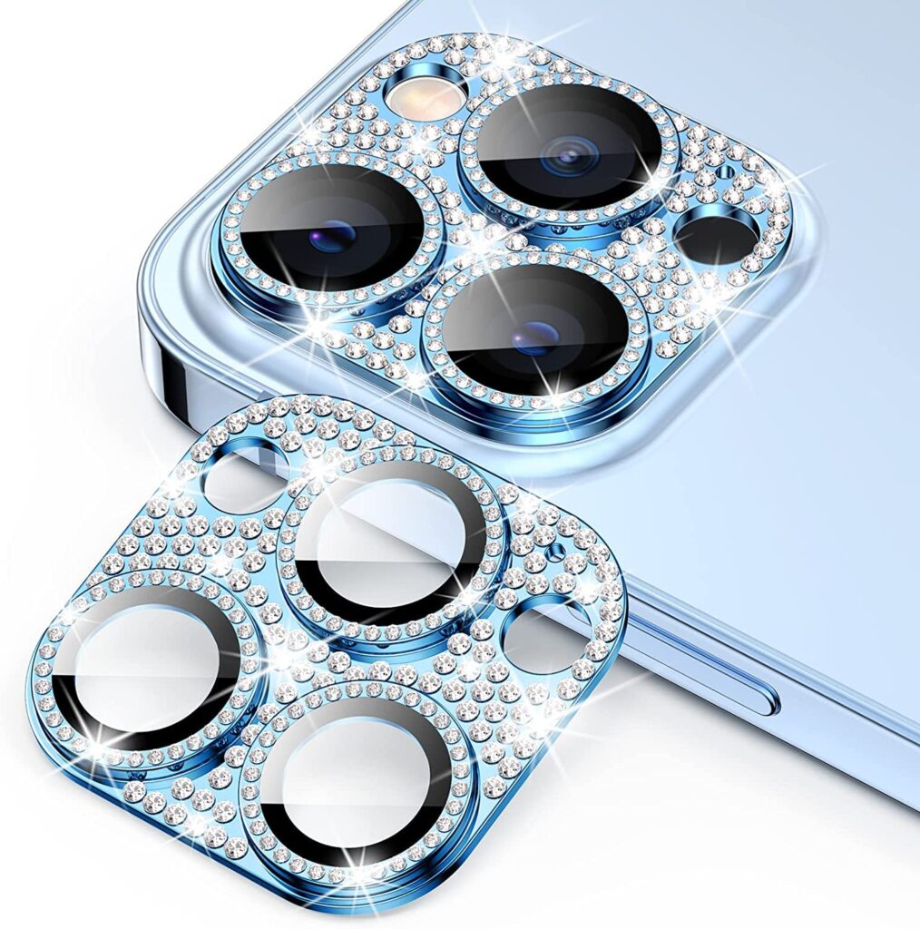 DIZORO Compatible for iPhone 14 Pro/iPhone 14 Pro Max Camera Lens Protector Full Diamond Glitter Lens Aluminum Alloy Plus 9H Tempered Glass Screen Camera Cover - Blue