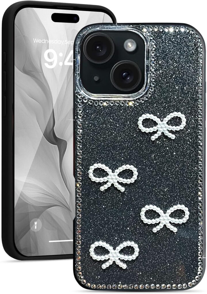 DIZORO Compatible for iPhone 15 Cover 6.1, Luxury Diamond Cute with Bow Glitter Bling Case with Full Camera Protection Shockproof PC+TPU Glossy Shiny Back Cover Case for Girls Women (Black)