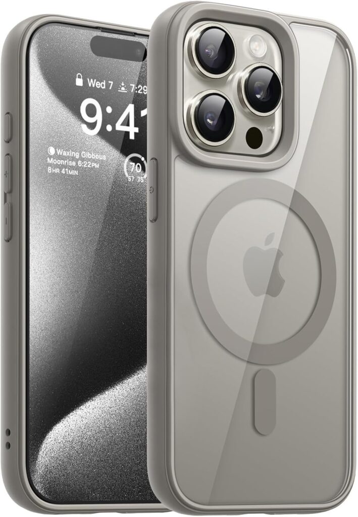 DIZORO Compatible iPhone 15 Pro Case with MagSafe, Non Yellow Military-Grade Drop Protection & Hard PC Back Cover Slim Transparent Anti-Scratch Shockproof Phone Case (Natural Titanium)