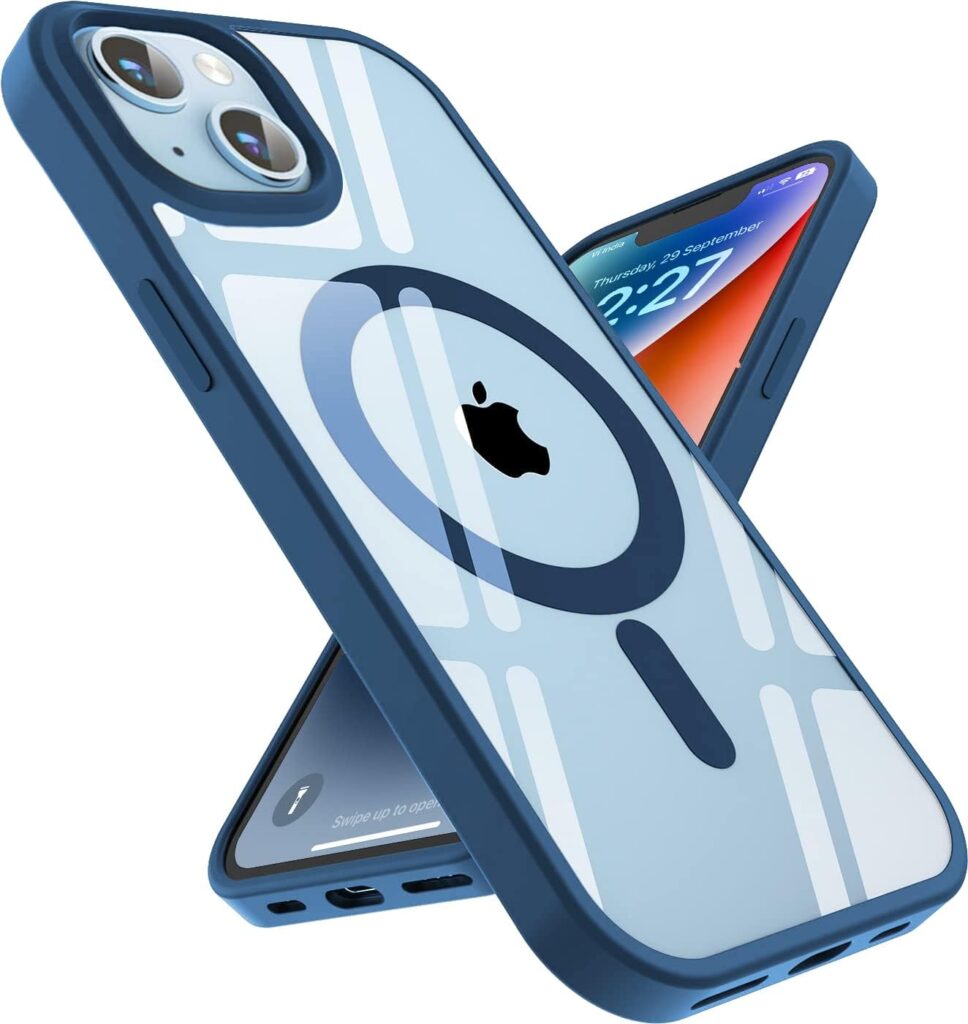 EGOTUDE Ultra-Hybrid Case Magnetic Case Cover with Built in Magnets Compatible with Mag for iPhone 14 / iPhone 13 (Polycarbonate, Transparent Back) (Blue)