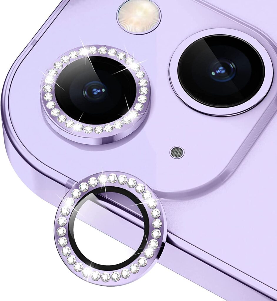 ELEF Stone Diamond Camera Lens Protector For iPhone 14 Plus,iPhone 14 HD Clear Scratch Proof Metal Alloy Full Fit Lens Ring For iPhone 14 Plus-Purple