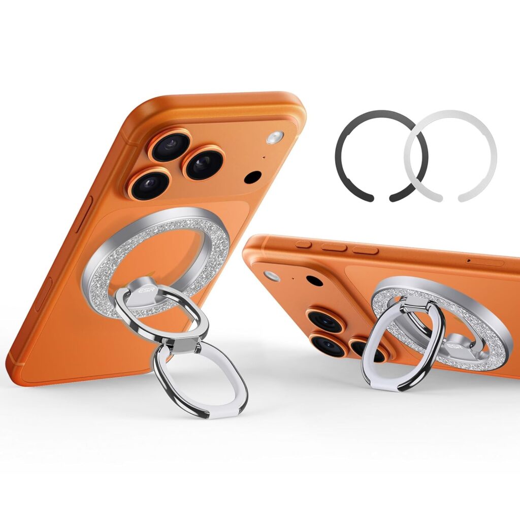 ESR for MagSafe Ring Holder, Phone Grip with 2-Way Adjustable Stand, Phone Ring Grip Holder for iPhone Air 17 16e 16 15 14 13 12, Samsung, All Smartphones, Rhinestone Silver(2 Metal Rings Included)