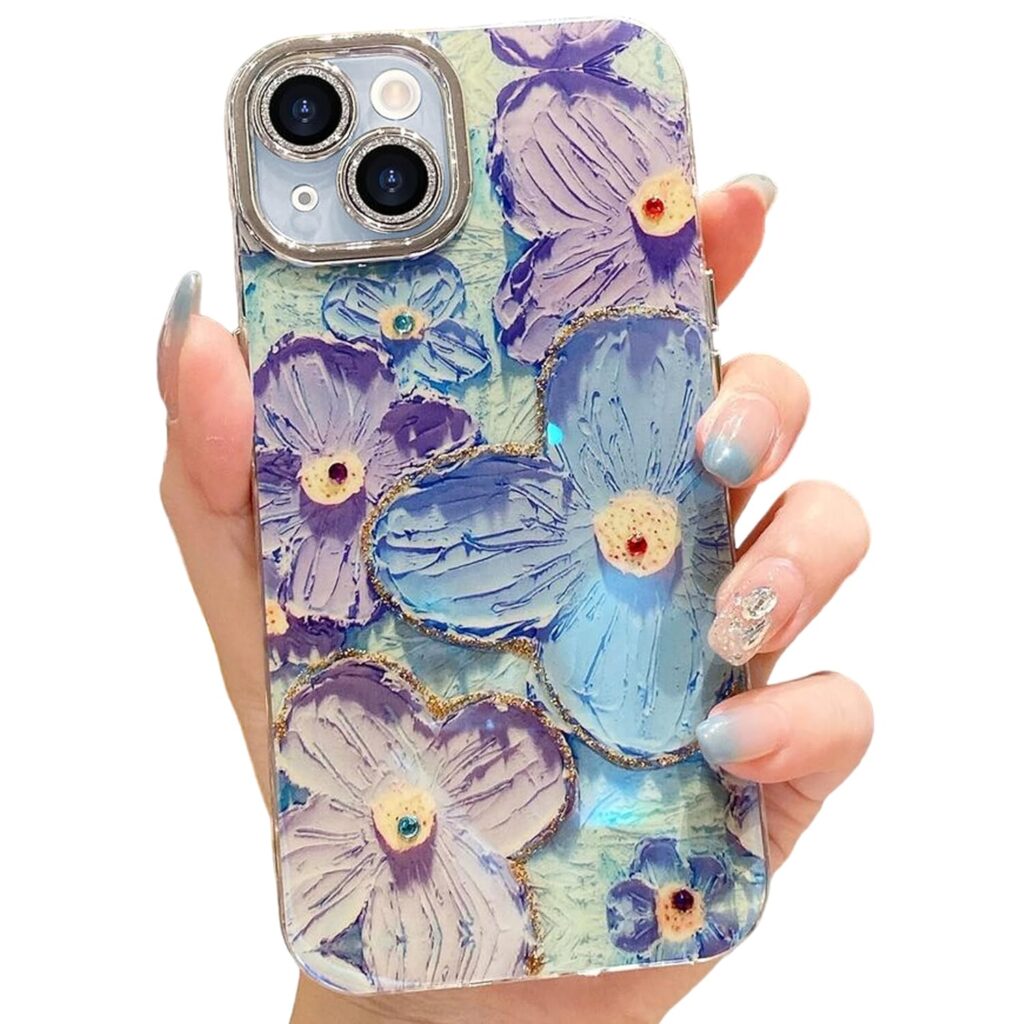Elzzi Compatible with iPhone 14 Plus Case 3D Laser Flower Oil Painting Cute Colorful Blue Ray Bumper with Full Camera Protection Shockproof PC+TPU Glossy Shiny Cover for Girls Women, Green