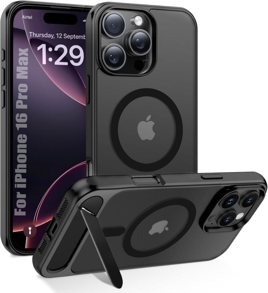 Enflamo Polycarbonate Matte Back Cover Case Compatible with Stand Magnatic for iPhone 16 Pro Max | Ultra Hybrid Camera Bump Protection (Black