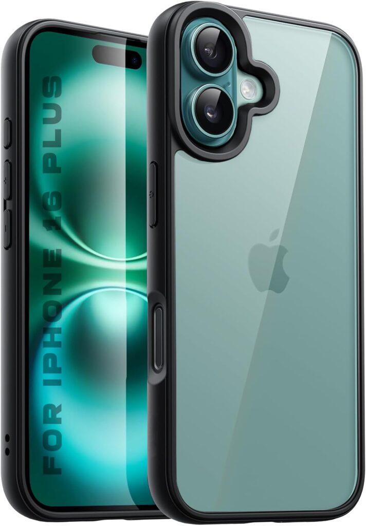 Enflamo Polycarbonate Transpareant Hard Back Case Cover for iPhone 16 Plus | Anti-Yellowing and Camera Bump Protection (Black)
