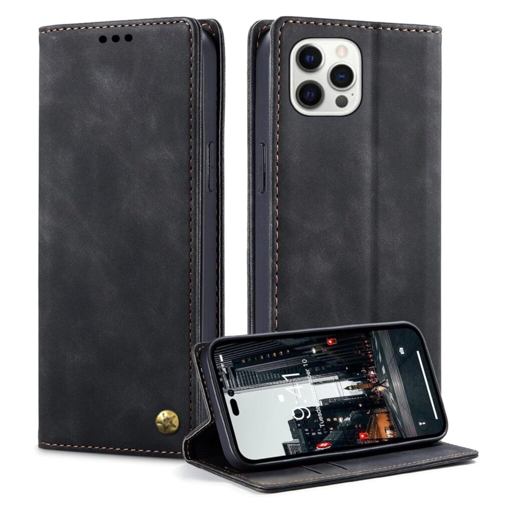 Exclusive Plus Apple iPhone 14 Pro, Genuine Leather Wallet Case with Card Holder, Flip Cover Folio Kickstand Magnetic Phone Back Cover Designed for Apple iPhone 14 Pro|| Royal Black