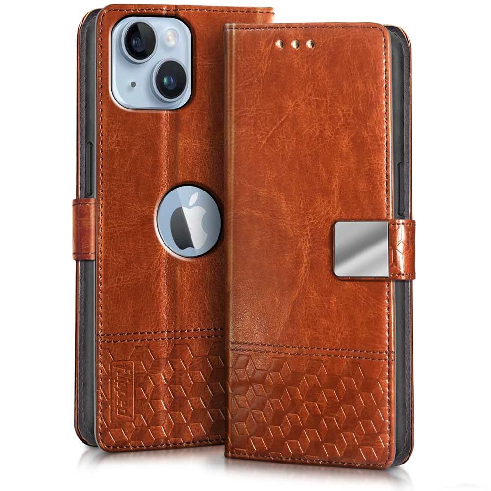 FLIPPED Hand Stitched Honeycomb Dual Design Back Flip Cover Case for Apple iPhone 14 Plus (Shock Proof | Leather Finish | Wallet Case Card Holders & Stand) - Tanned Brown