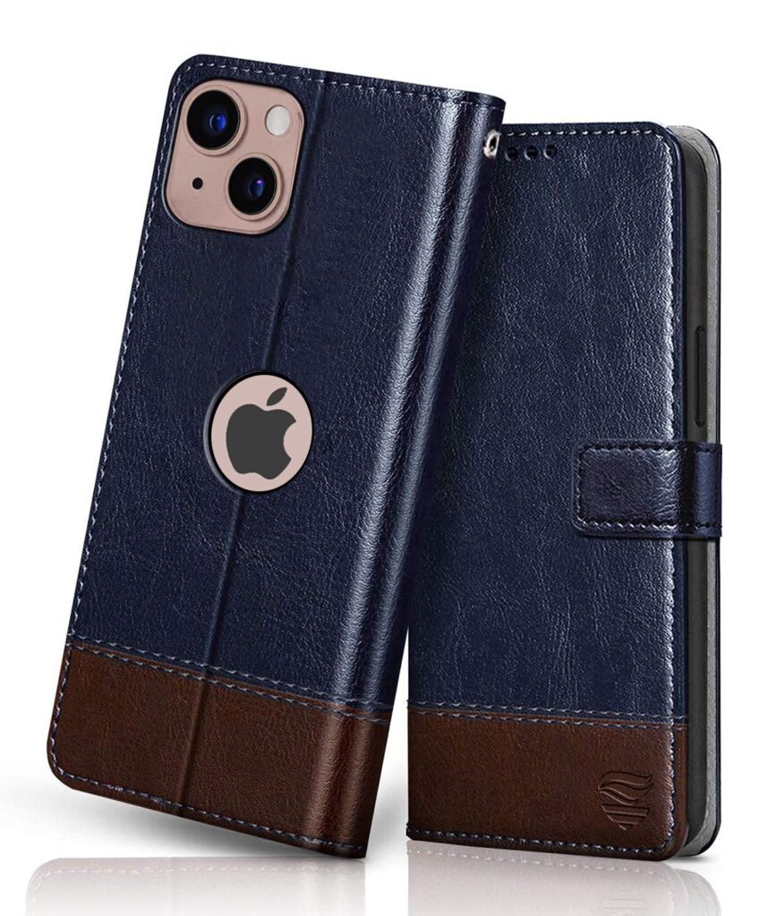 FLIPPED Vegan Leather Flip Case Back Cover Compatible with Apple iPhone 13 | Apple iPhone 14 (Flexible, Shock Proof | Hand Stitched Leather Finish | Card Pockets Wallet & Stand | Blue with Brown)