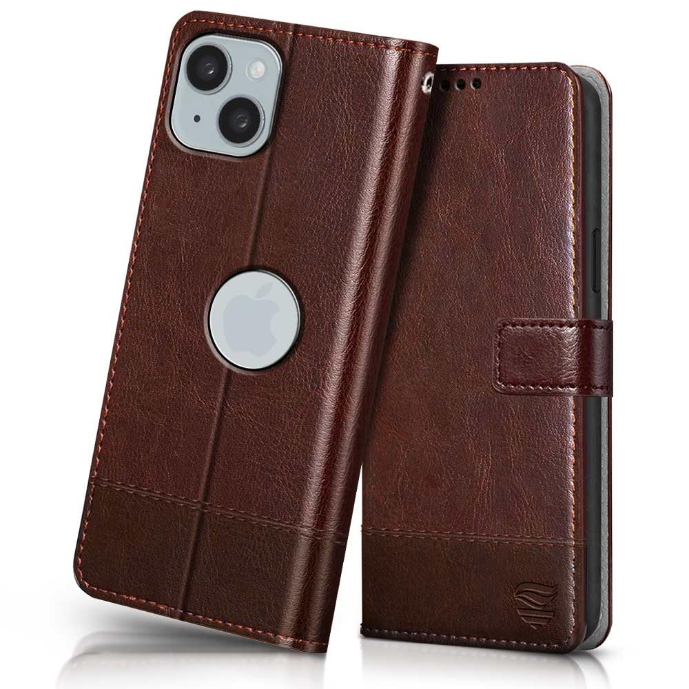 FLIPPED Vegan Leather Flip Case Back Cover for Apple iPhone 15 Plus (Flexible, Shock Proof | Hand Stitched Leather Finish | Card Pockets Wallet & Stand | Tan with Brown)