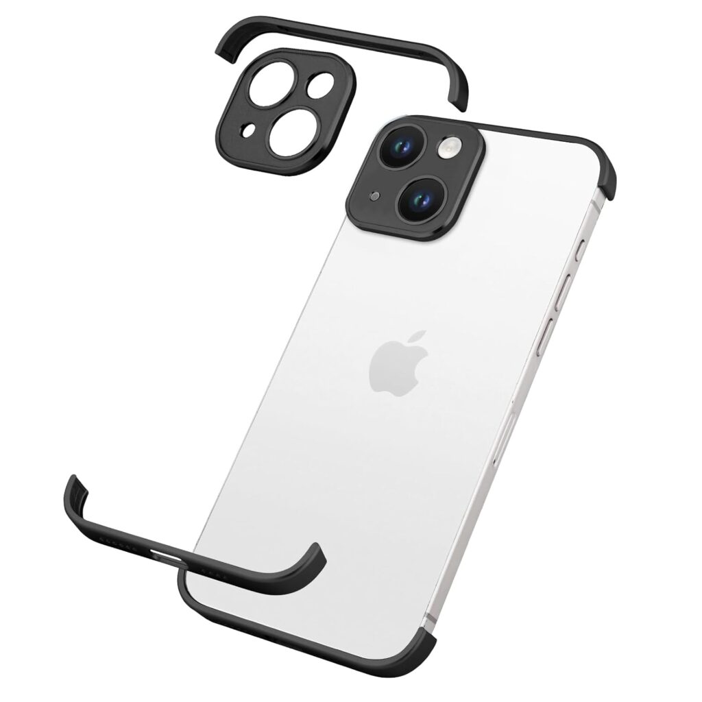Frameless Phone Case for iPhone 14 with Camera Lens Protector, Shockproof Metal Cover, Minimalist Bumper Shell (Black)