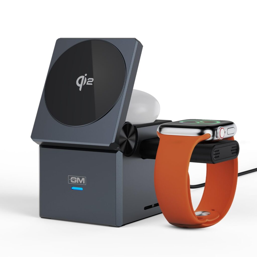 G+ iSmart 3-in-1 Wireless Charger for iPhone, Airpods & Apple Watch | Magsafe Certified Qi2 Technology for Fast Charging | Compatable with Apple Phone 16/15/14/13/12 | Grey Colour