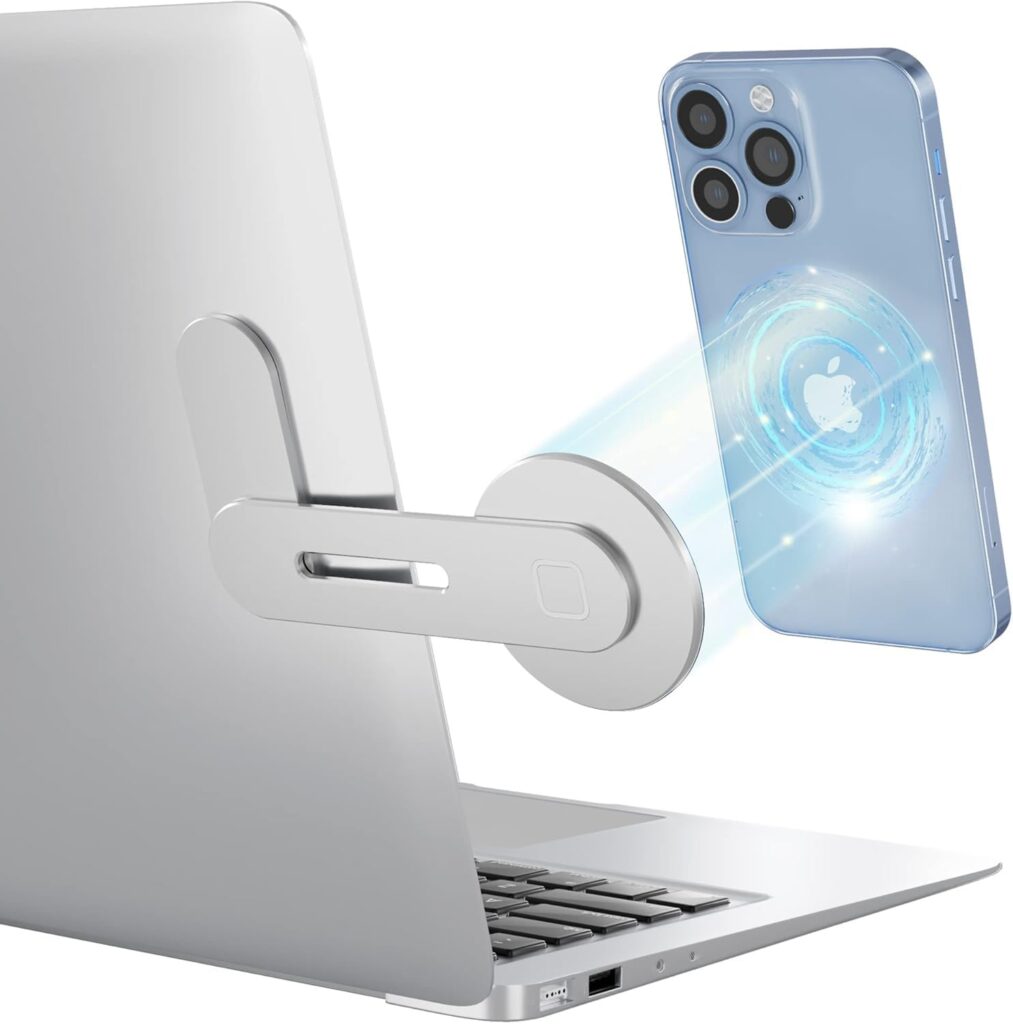 GadgetBite Magnetic Laptop Mobile Holder for Home Office Outdoor Compatible with Magsafe MacBook Mobile Stand for iPhone 16 15 14 13 12 Series (Silver)
