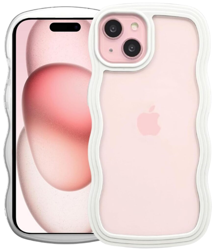 GoldKart iPhone 15 Plus Case Wavy Edge Clear Back Design, Anti-Slip Grip Cute Wave Curly Frame Shape Shockproof Soft TPU & Hard PC Bumper Protective Phone Case Cover for Women Girls - White