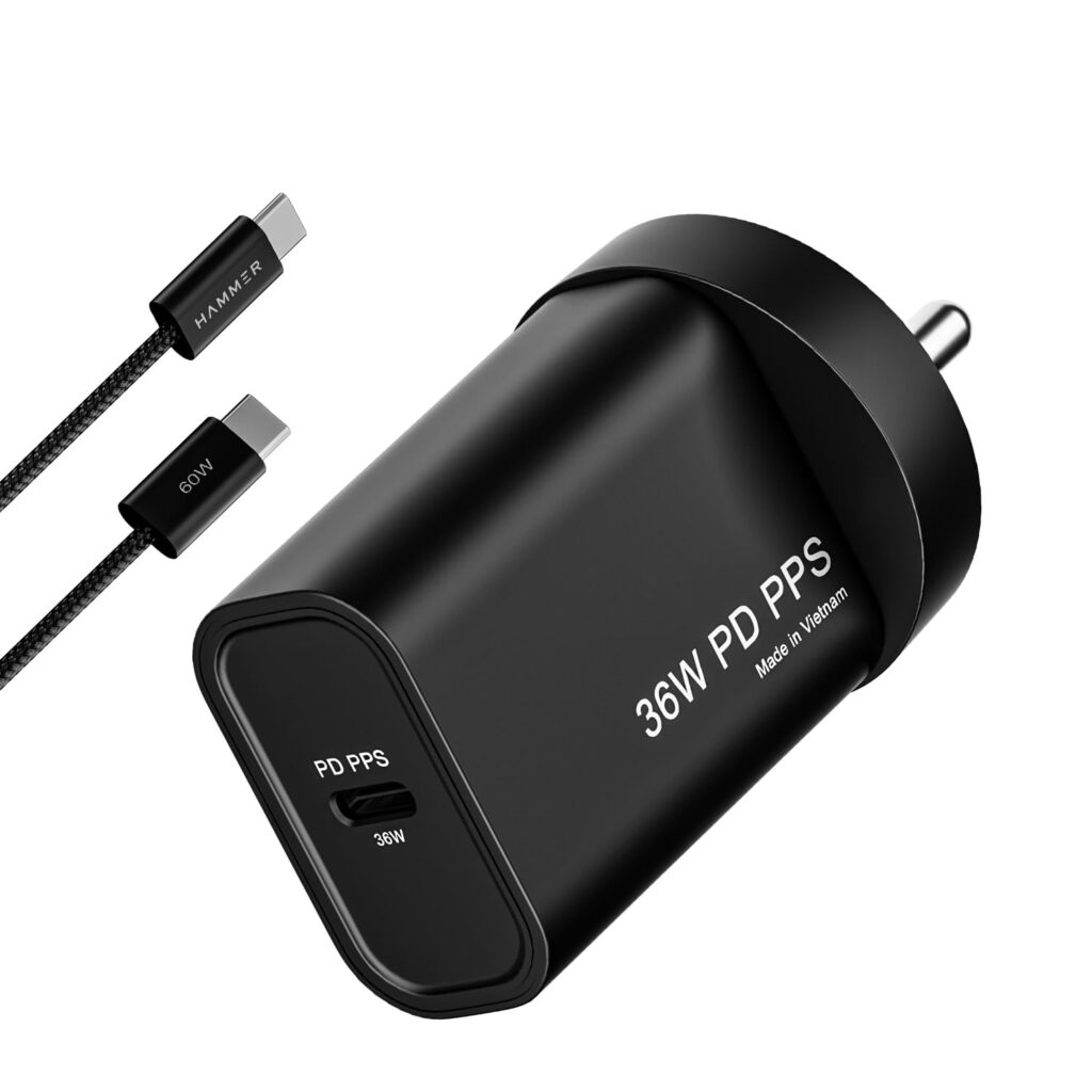 Hammer 36W Fast GaN Charger, iPhone 0 to 50% in 30mins, Compatible with iPhone 17,16, 15, 14, 13, 12, Samsung Mobiles & Laptop, FCC/CE Certified, 2 Yr Warranty, with C to C Cable (Black)