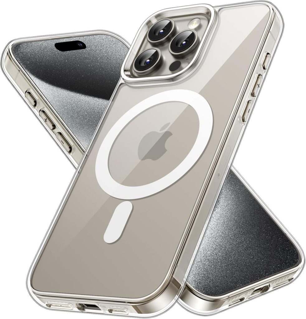 JGD Magnetic Case for iPhone 15 Pro Compatible with MagSafe, Shockproof Phone Bumper Cover, Anti-Scratch Clear Back (Clear)