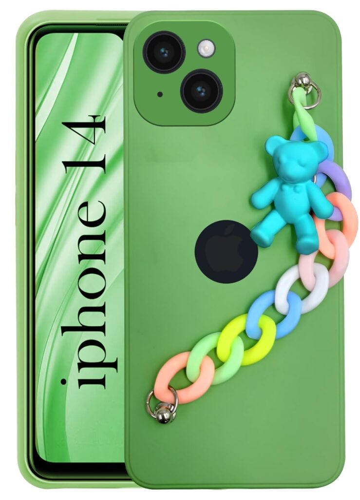 Jkobi Back Cover for Apple iPhone 14 Girls Case with Bracelet (Wrist Hanging Chain | Teddy Toy Cartoon | Matte Green)