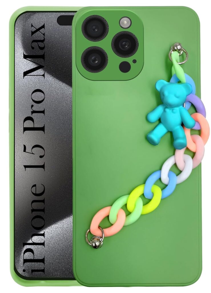 Jkobi Back Cover for iPhone 15 Pro Max Girls Case with Bracelet (Wrist Hanging Chain | Teddy Toy Cartoon | Matte Green)