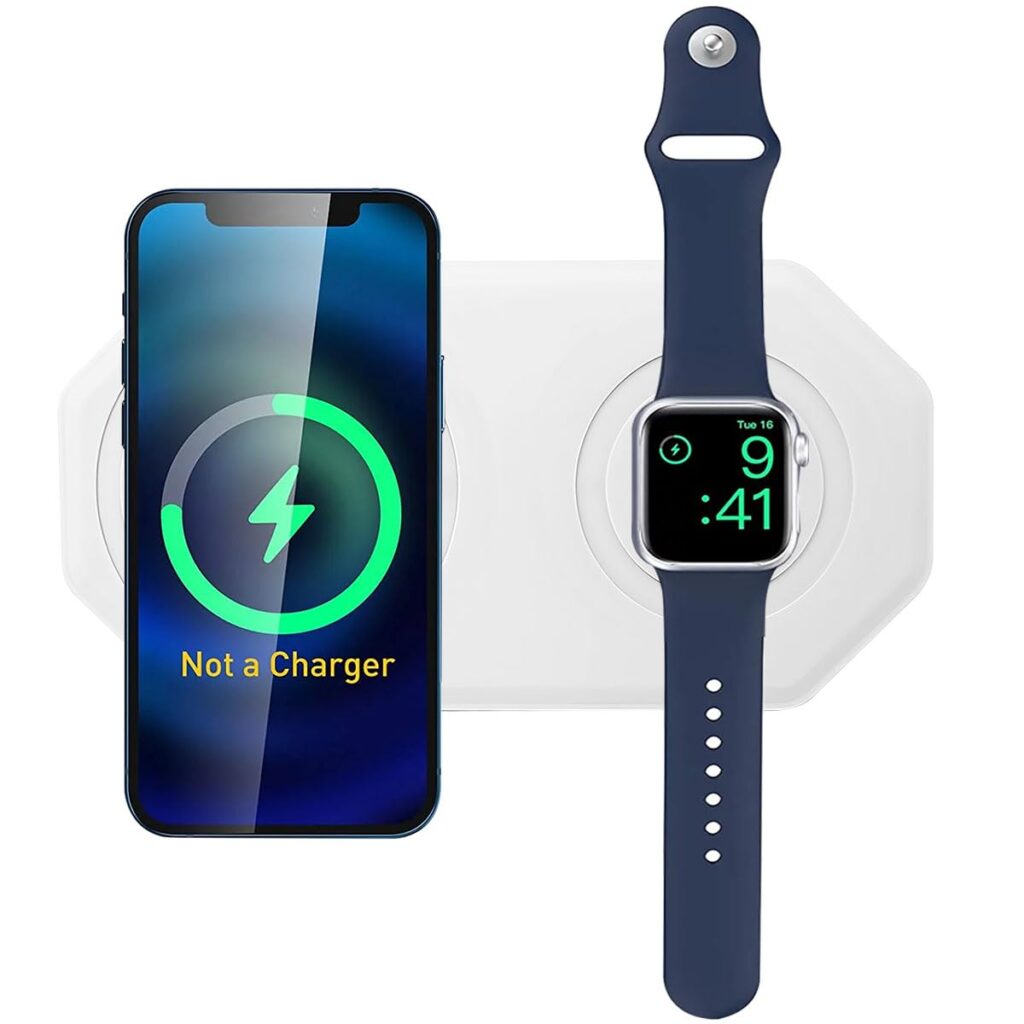 KACA 2 in 1 Mobile Stand Compatible with Mag-Safe Charger Stand for iPhone 15/14/13/12 Models/Apple Watch Stand for All Series/Airpods Mag-Safe Charging Case - White