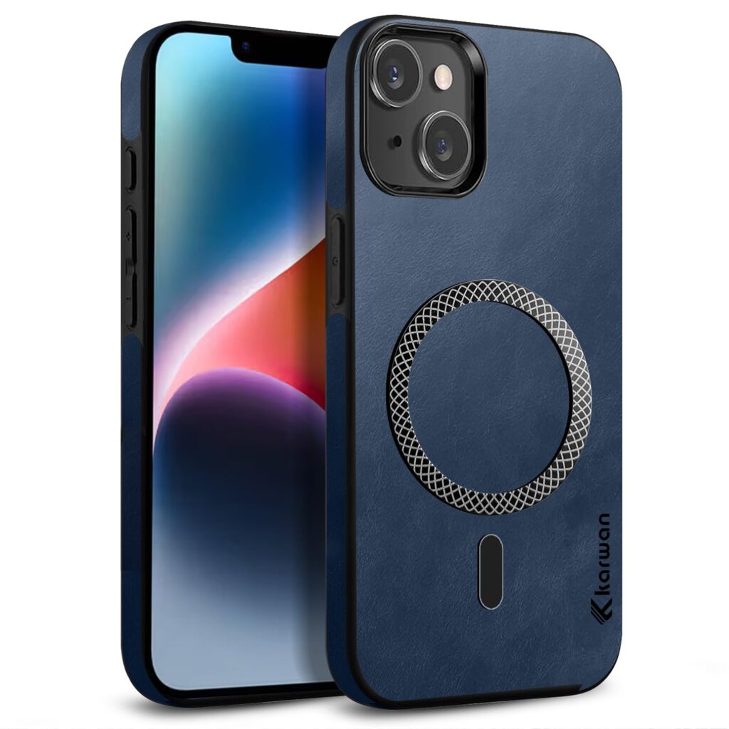 KARWAN®️-Magnetic Shockproof Artificial Leather Back Case Cover for iPhone 14 Plus,iPhone 15 Plus Wireless Mag-Safe Charging Slim Anti-Scratch Shield Strong Minimalist Design -(Blue)
