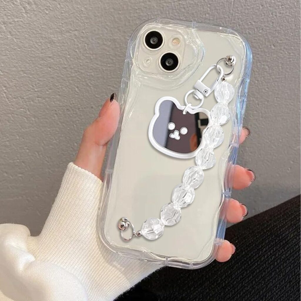 KC Back Cover for Apple iPhone 15 Plus - 3D Cute Curly Wave Bear Pendant Bead Bracelet Shockproof Soft Bumber Silicone with Camera Protection Case (Transparent)