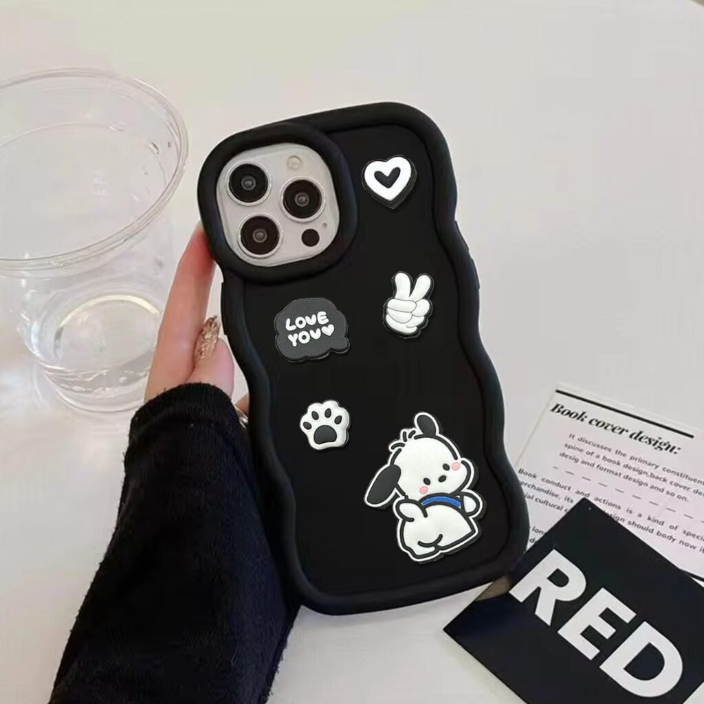 KC Back Cover for Apple iPhone 15 Pro Max - 3D Cute Big Wave Cartoon Characters and Puppy Shockproof Soft Bumper Silicone Case with Camera Protection (Black)