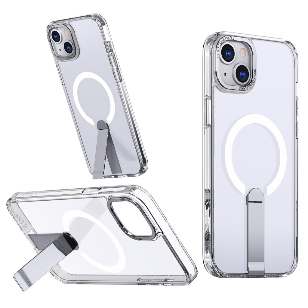 KLD Clear Back Case for Apple iPhone 14 Plus Shockproof Phone Bumper Cover Anti-Scratch Clear with Extra Camera Protection & Kickstand for Media Viewing