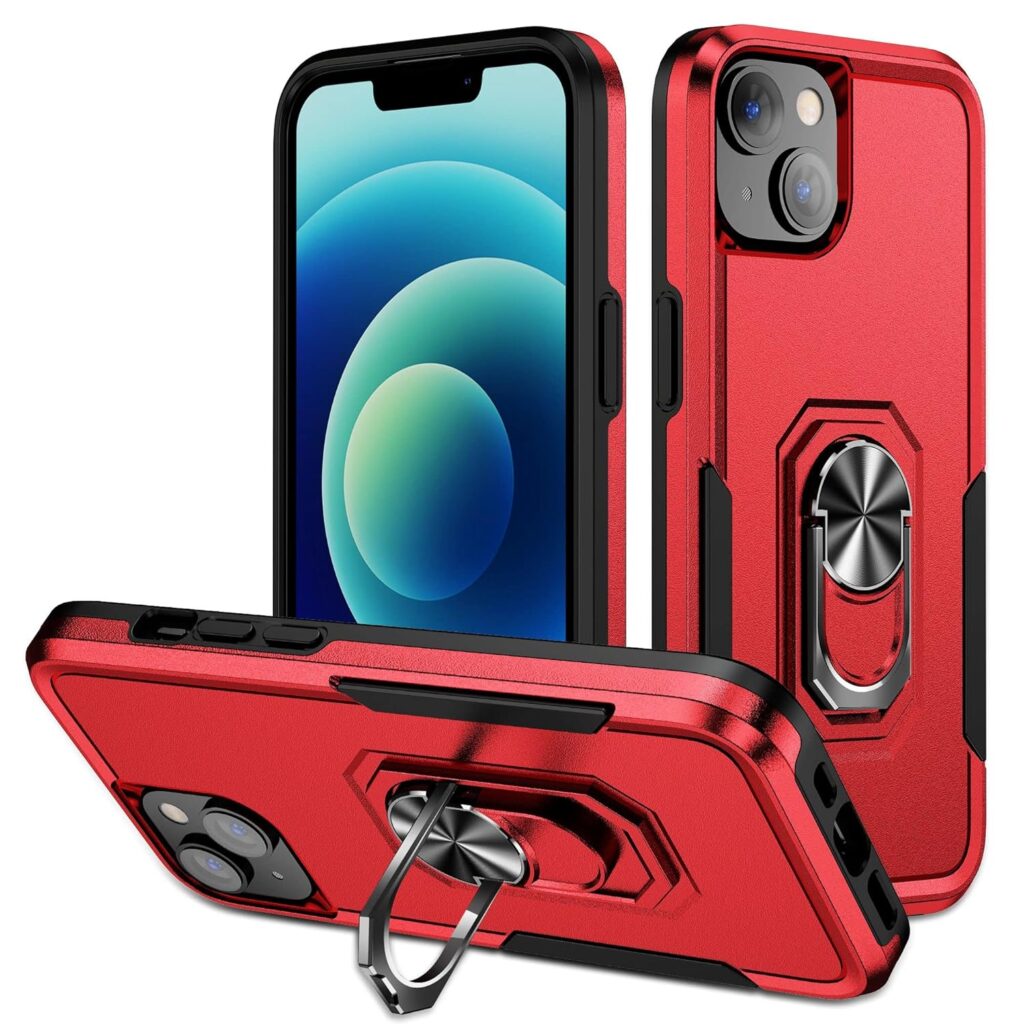 KLD® Full Protection Phone Case for Apple iPhone 14 Plus Back Cover 360° Rotating Ring Kickstand Metal Grip Holder for Magnetic Car Mount - RED