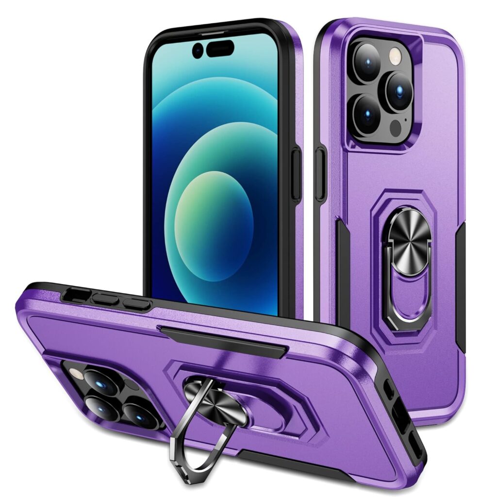 KLD® Full Protection Phone Case for Apple iPhone 15 Pro MAX Back Cover 360° Rotating Ring Kickstand Metal Grip Holder for Magnetic Car Mount - Purple