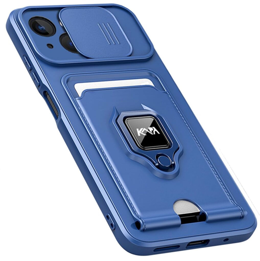 Kapa Bisen Back Cover for Apple iPhone 15 | Inbuilt Camera Slider Ring Stand and Card Pocket Shockproof Slim Bumper Back Case (Blue)