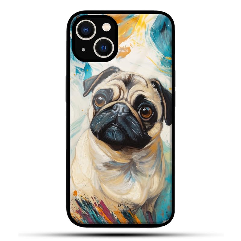 Kirmada Playful Swirl Pug Glass Mobile Cover for iPhone 14 Plus | Adorable Dog-Themed Art Print, Stylish and Durable Mosiac Glass Design | Pinted Glass Cover for Animal Lovers