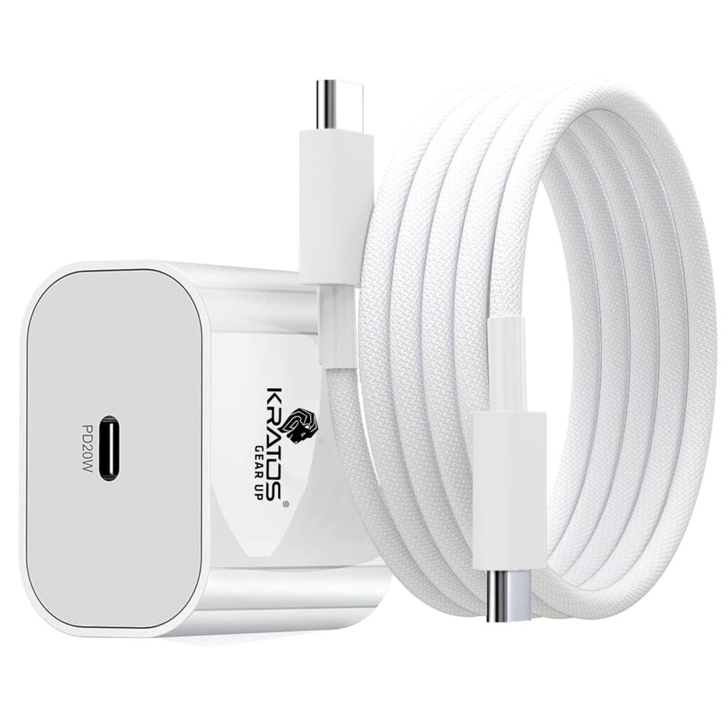 Kratos® Original 20W Fast Charger Adapter for iPhone 15/16/17 Series Plus,Pro,Pro Max | Adapter Compatible with All iPhones | Type C Adapter + 1M C to C Cable|BIS Certified|1 Year Warranty|White