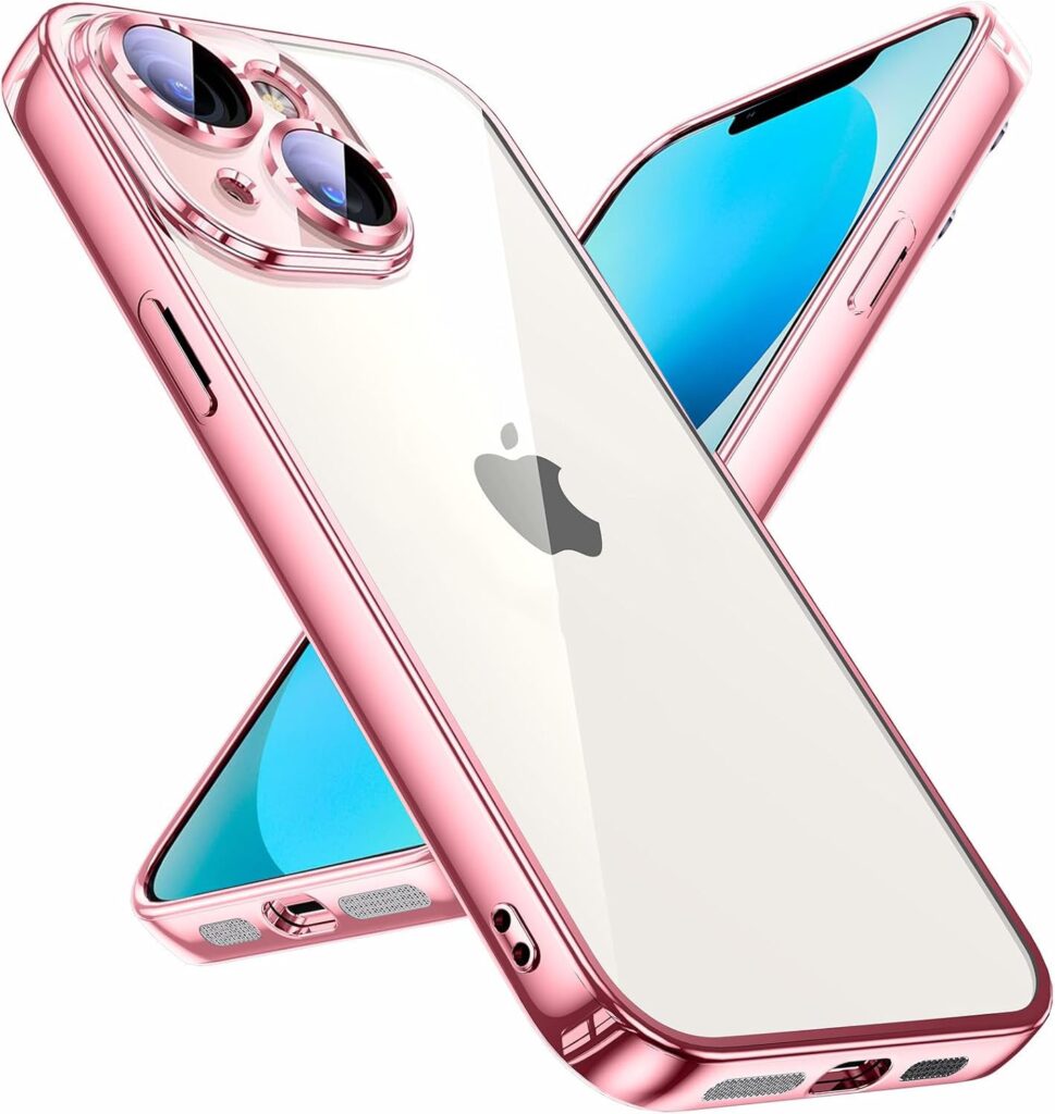 LOXXO Compatible with iPhone 14 Case 6.1 inch, Luxury Electroplated TPU Soft Edge Bumper Case, Full Camera Protection & Reinforced Corners Shockproof Case Cover|Transparent|Rose Pink