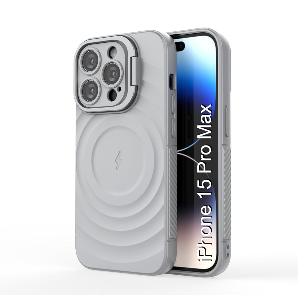 LuxuryKase Shockproof Case for iPhone 15 Pro Max | Ripple Pattern | Camera Protection | Inner Velvet Fabric Lining | Protective Cover with Enhanced Grip & Wireless Charging Support – Grey