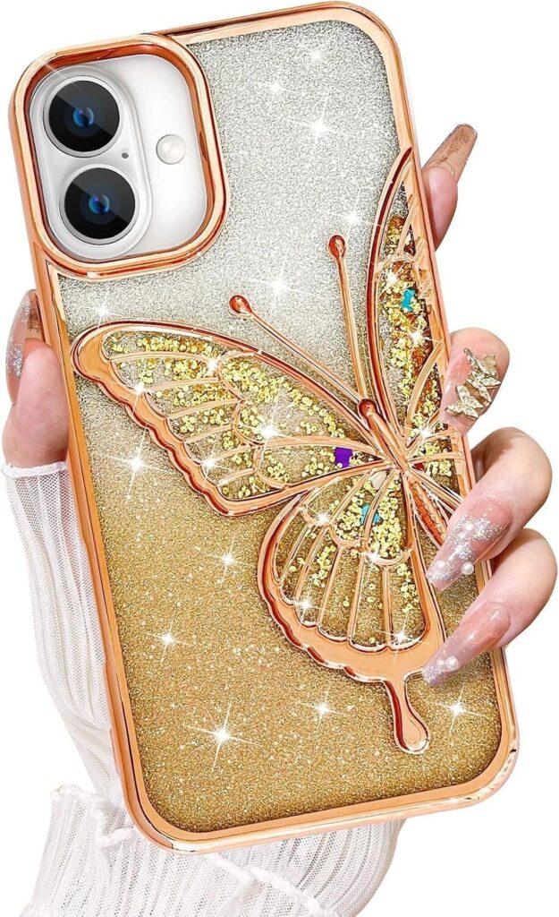 MINTZZ® Glitter Butterfly Electroplate Plating Case for iPhone 15 | Cute Stylish Back Cover for Women & Teen Girls | Shockproof Slim Protective Phone Case (Gold, iPhone 14 Pro Max)