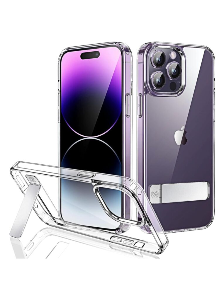 MOOSH Metal Kickstand Case Compatible with iPhone 14 Pro Case, 3 Stand Modes, Military-Grade Drop Protection, Supports Wireless Charging, Slim Back Cover with Kickstand, Clear
