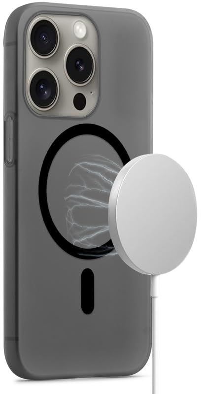 Mr. Case Back Case for iPhone 15 Pro Max Frosted Semi-Transparent Hard Back | Compatible with Wireless Charging | Thin and Slim Magnetic Back Cover - Black