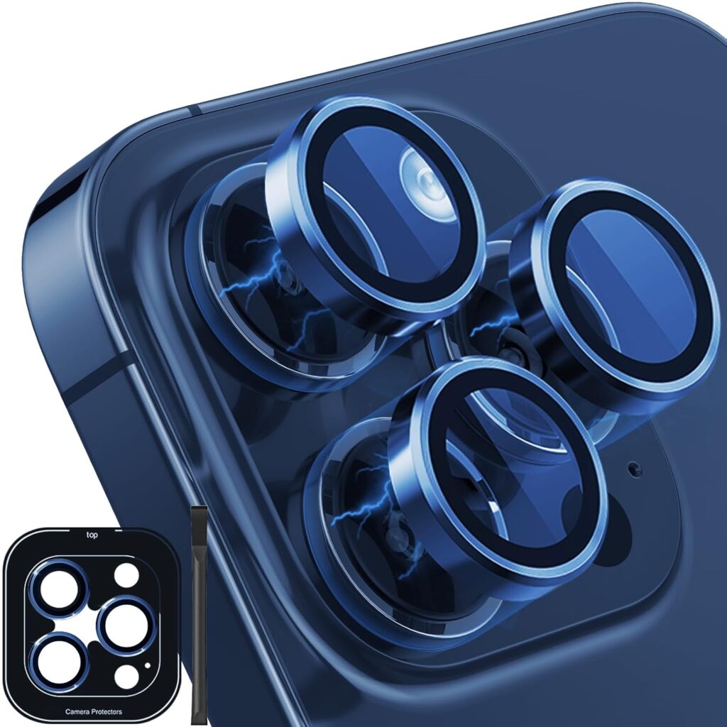Mr.Shield Top-Notch 3D Camera Lens Protector Ring for iPhone 15 Pro Max | 15 Pro, 1:1 Keep Original Lens Design and Color, 9H Hardness, Easy Installation - Blue Titanium