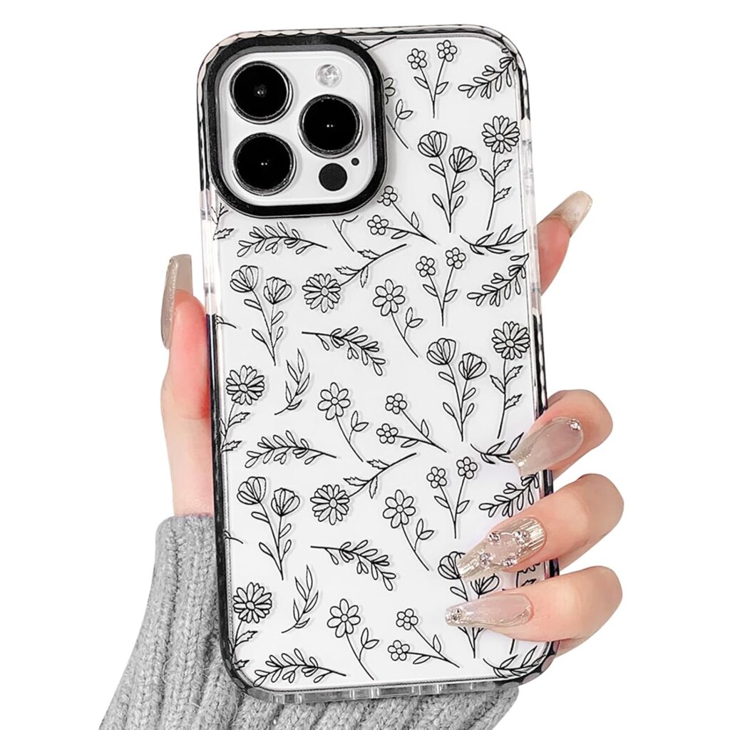NITITOP Compatible for iPhone 15 Pro Max Case Cute Flower Floral Clear for Women Girl Ultra Slim Crystal Shockproof Soft TPU Anti-Yellow Protective Phone Cover - Clear Black