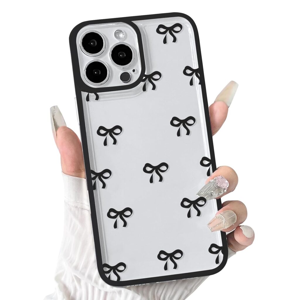 NITITOP Compatible with iPhone 15 Pro Max Case Cute Clear Durable Ribbon Bowknot Pattern for Girls Women Soft TPU Transparent Full Camera Lens Shockproof Protective Phone Cover - Black